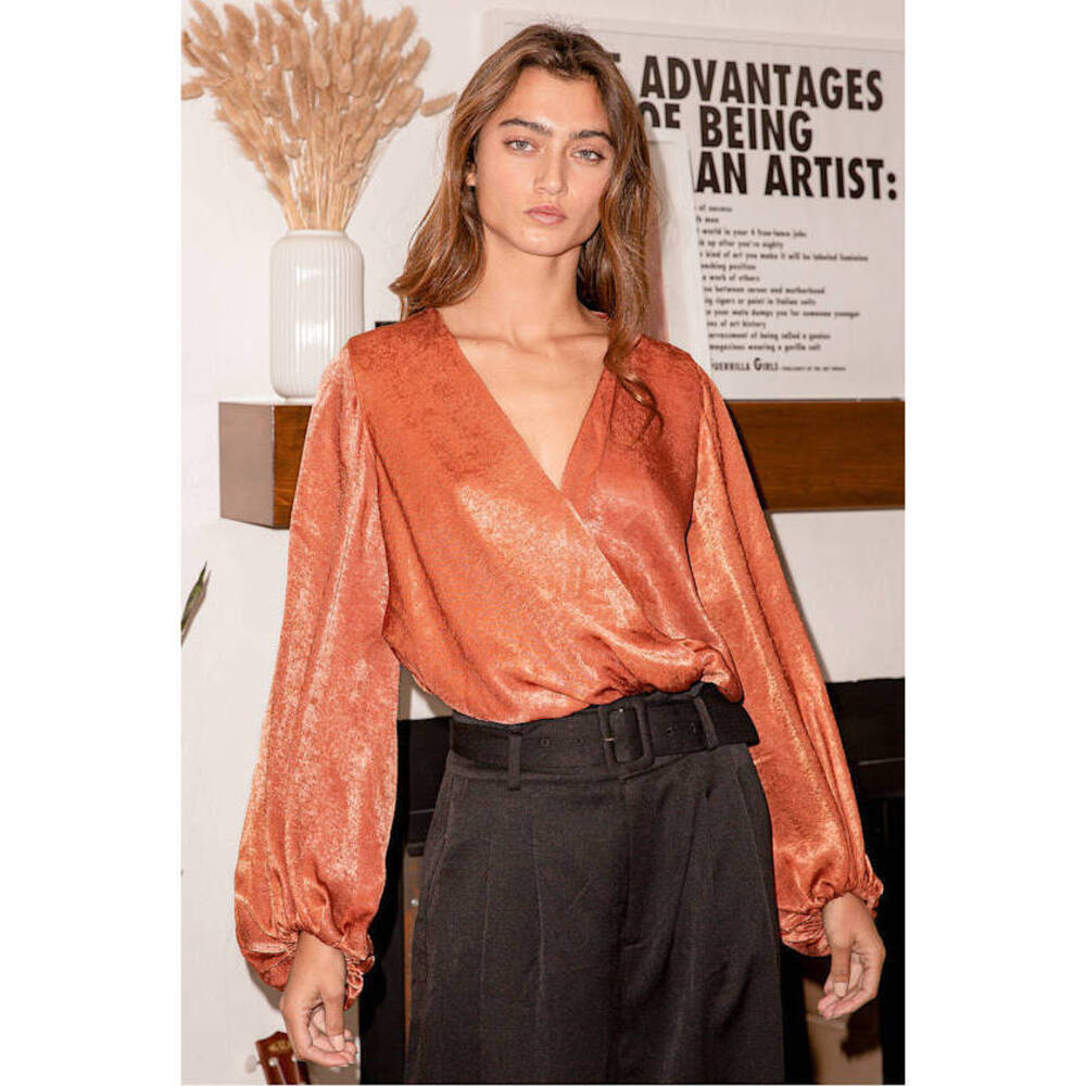 Lulus Chic Possibilities Rust Orange Satin Balloon Sleeve Bodysuit - Size S